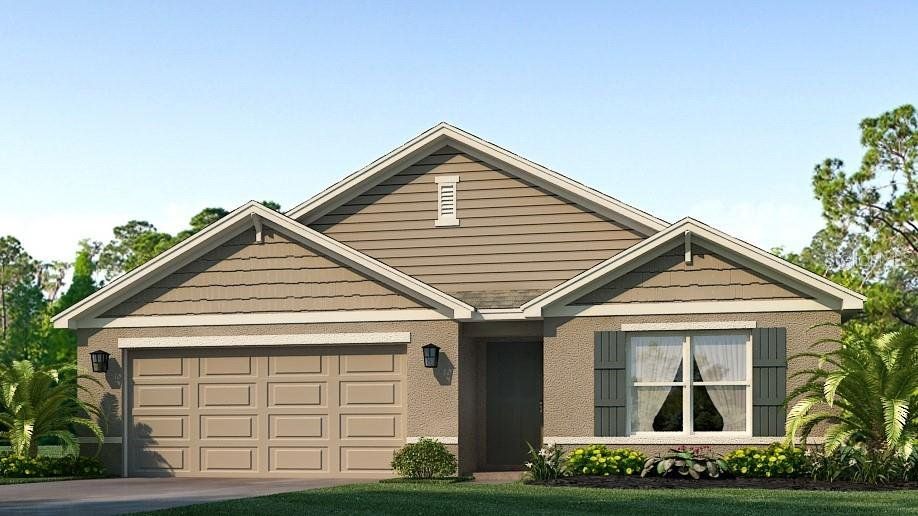 Front exterior of a new home in Bella Lago, Parrish, FL, highlighting curb appeal (Image 1).