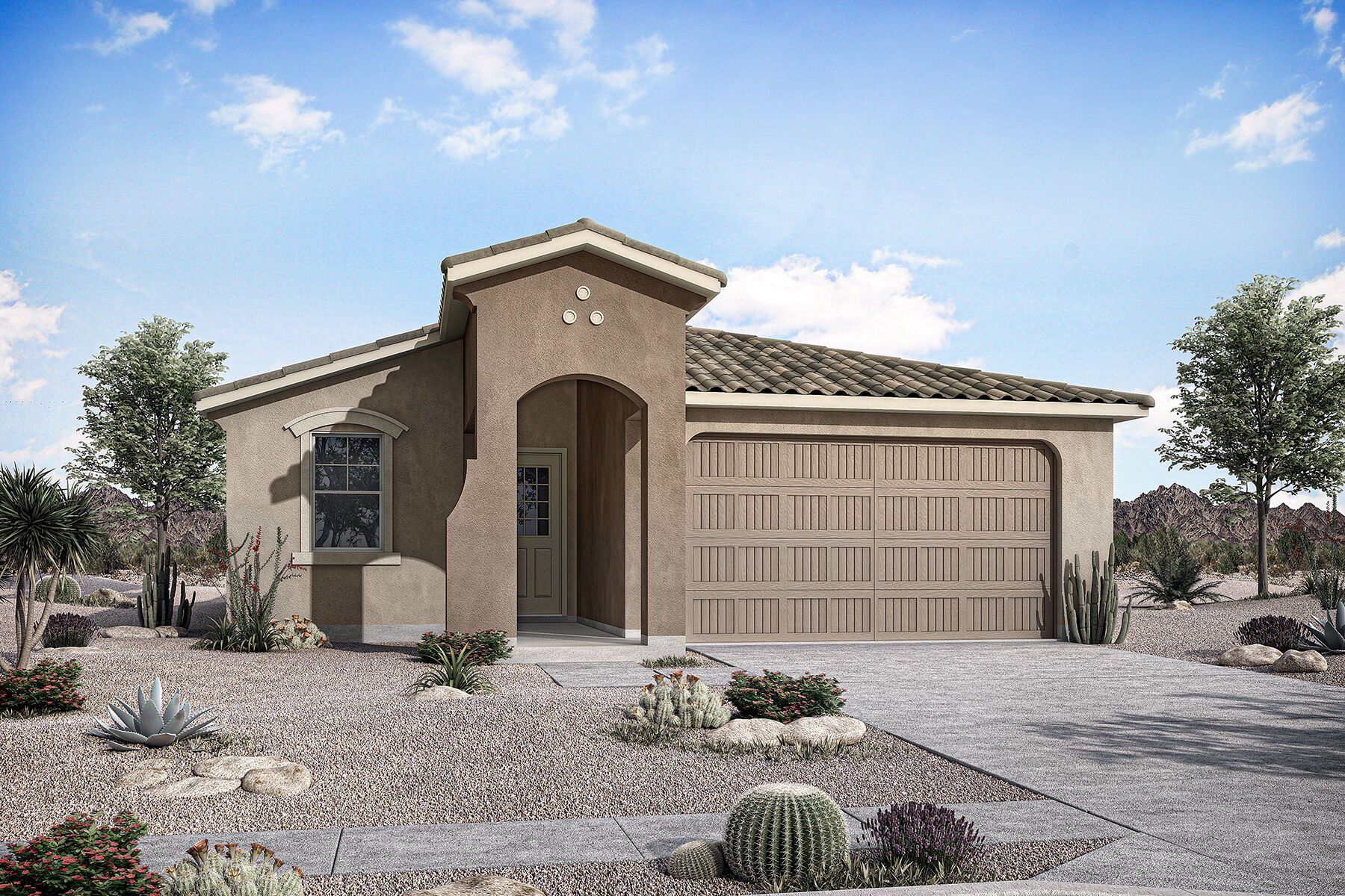 Front exterior of a new home in Empire Pointe, Queen Creek, AZ, highlighting curb appeal (Image 1).