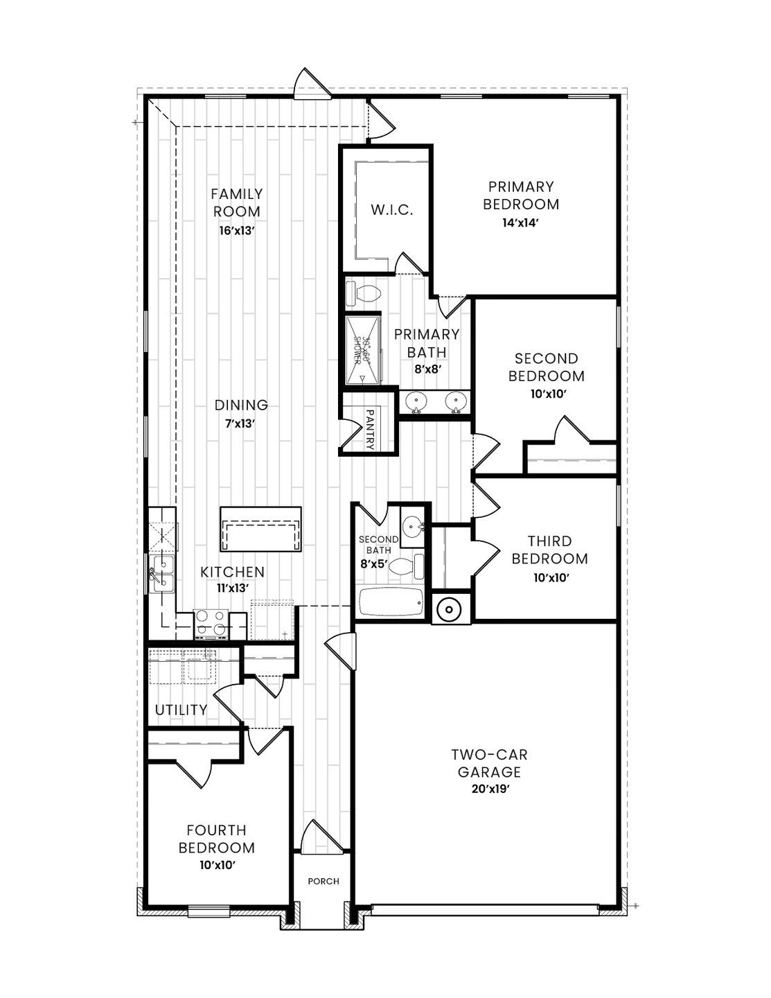 2D floor plan layout for the Oak Plan by Dunhill Homes in Labein Villas, Greenville, TX (Image 1). 2D floor plan layout for the Oak Plan by Dunhill Homes in Labein Villas, Greenville, TX (Image 1).