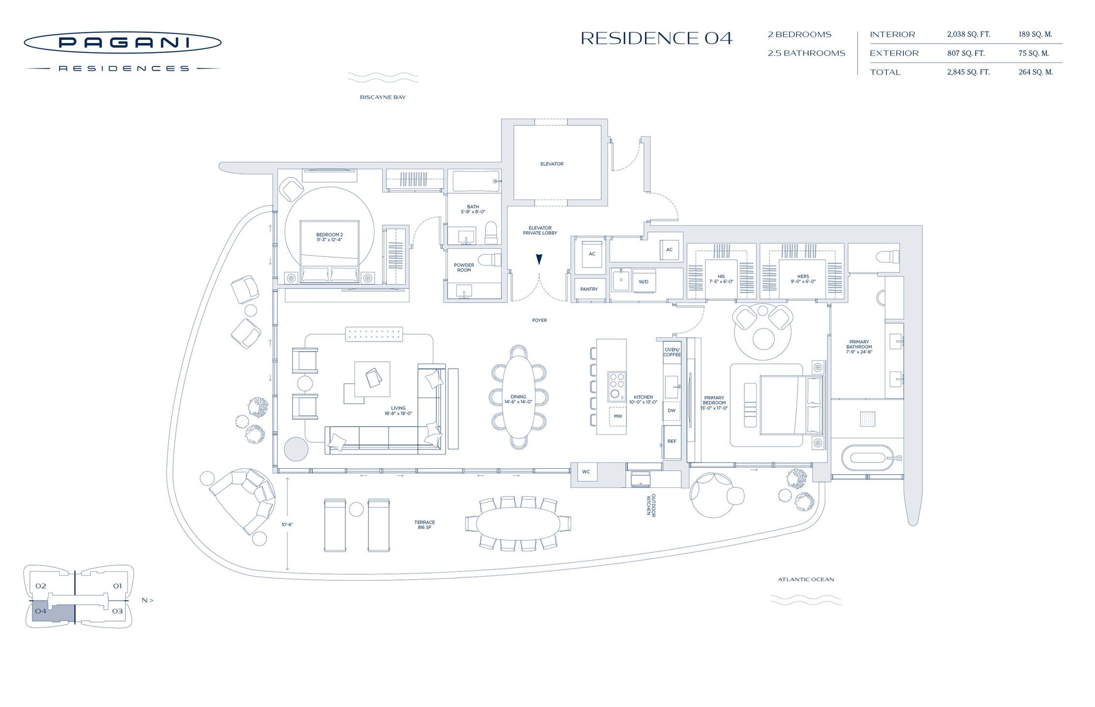 2D floor plan layout for the Residence 04 by Riviera Horizons in Pagani Residences, North Bay Village, FL (Image 1).