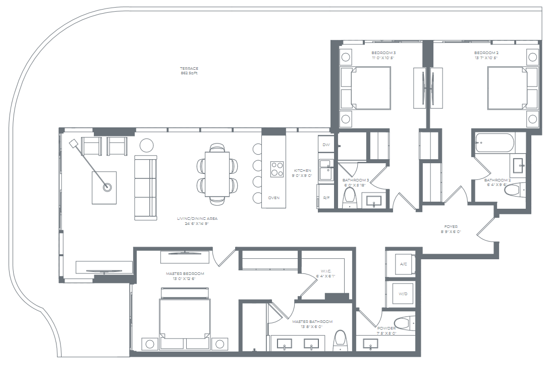 2D floor plan layout for the Residence 03 (Floor 3) by Alta Developers in Alana Bay Harbor Islands, Bay Harbor Islands, FL (Image 1).