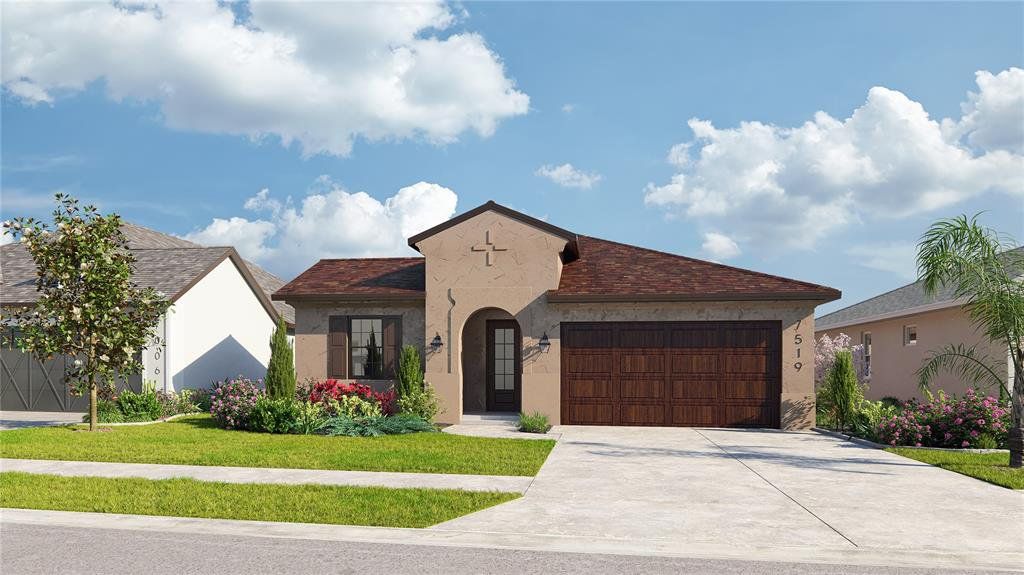 Front exterior of a new home in Isles at Bayview, Parrish, FL, highlighting curb appeal (Image 1). Front exterior of a new home in Isles at Bayview, Parrish, FL, highlighting curb appeal (Image 1).