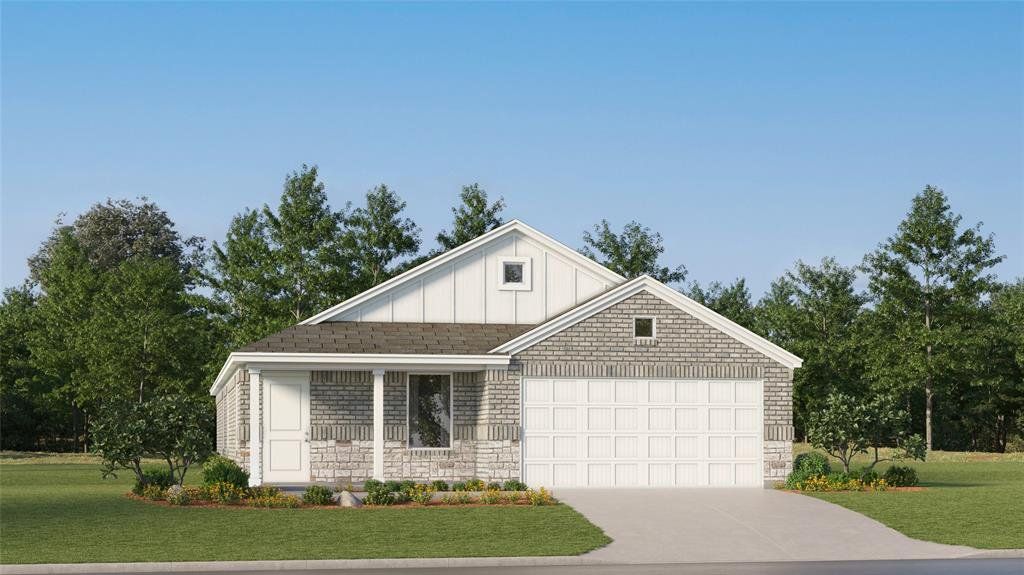 Modern farmhouse exterior featuring a white board and batten gable, gray brick, stone accents, a covered entry, and an attached two-car garage Modern farmhouse exterior featuring a white board and batten gable, gray brick, stone accents, a covered entry, and an attached two-car garage