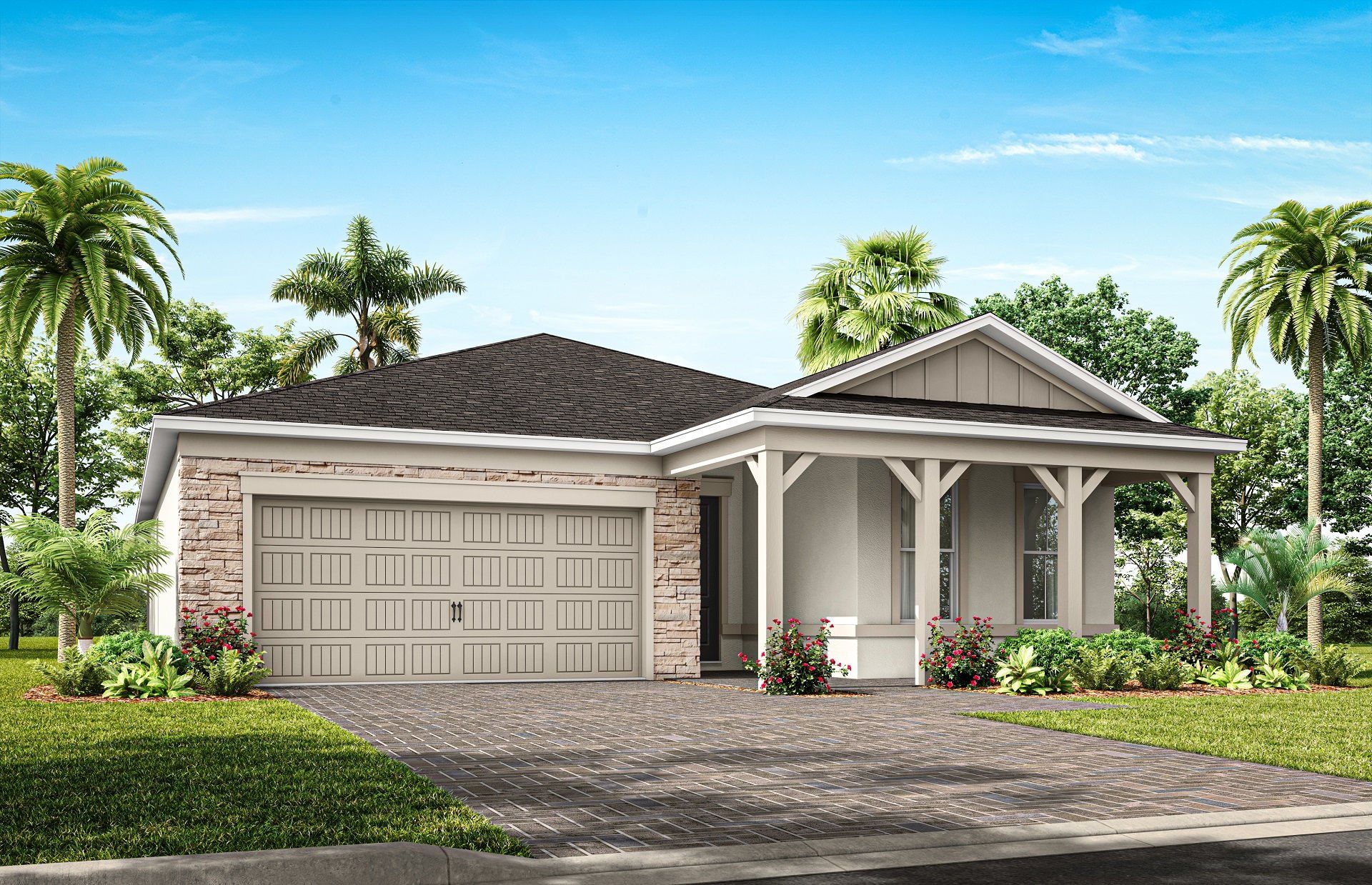 Front exterior of a new home in Del Webb Twin Lakes, St. Cloud, FL, highlighting curb appeal (Image 1). Front exterior of a new home in Del Webb Twin Lakes, St. Cloud, FL, highlighting curb appeal (Image 1).