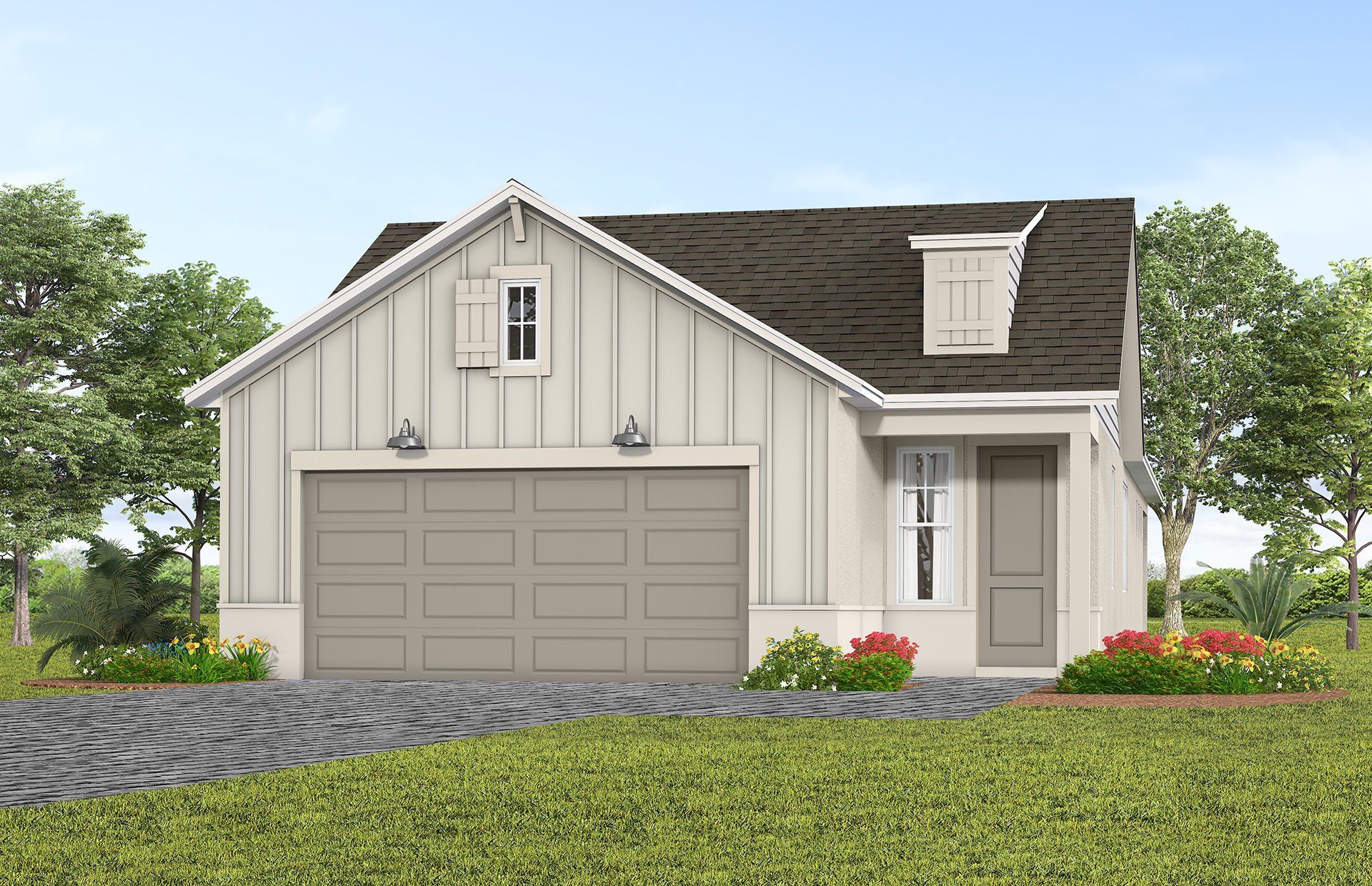 Front exterior of a new home in Del Webb Lakehaven, Clermont, FL, highlighting curb appeal (Image 1). Front exterior of a new home in Del Webb Lakehaven, Clermont, FL, highlighting curb appeal (Image 1).