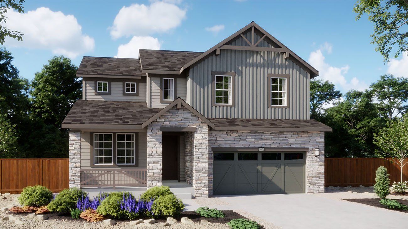 Front exterior of a new home in The Manors Collection at Golden Overlook, Golden, CO, highlighting curb appeal (Image 1).