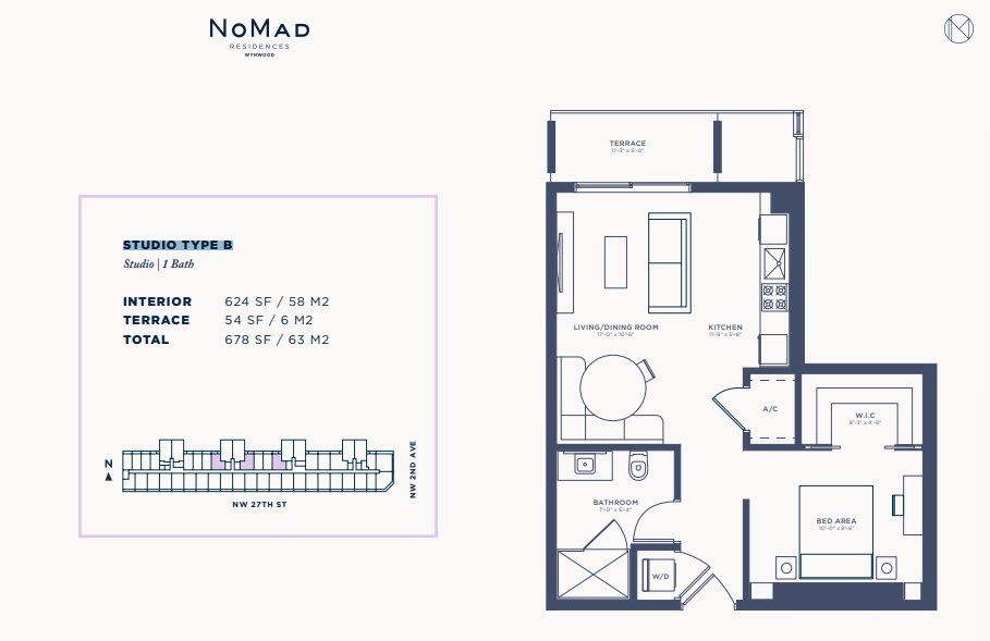 2D floor plan layout for the STUDIO TYPE B by Related Group in NoMad Residences, Miami, FL (Image 1).