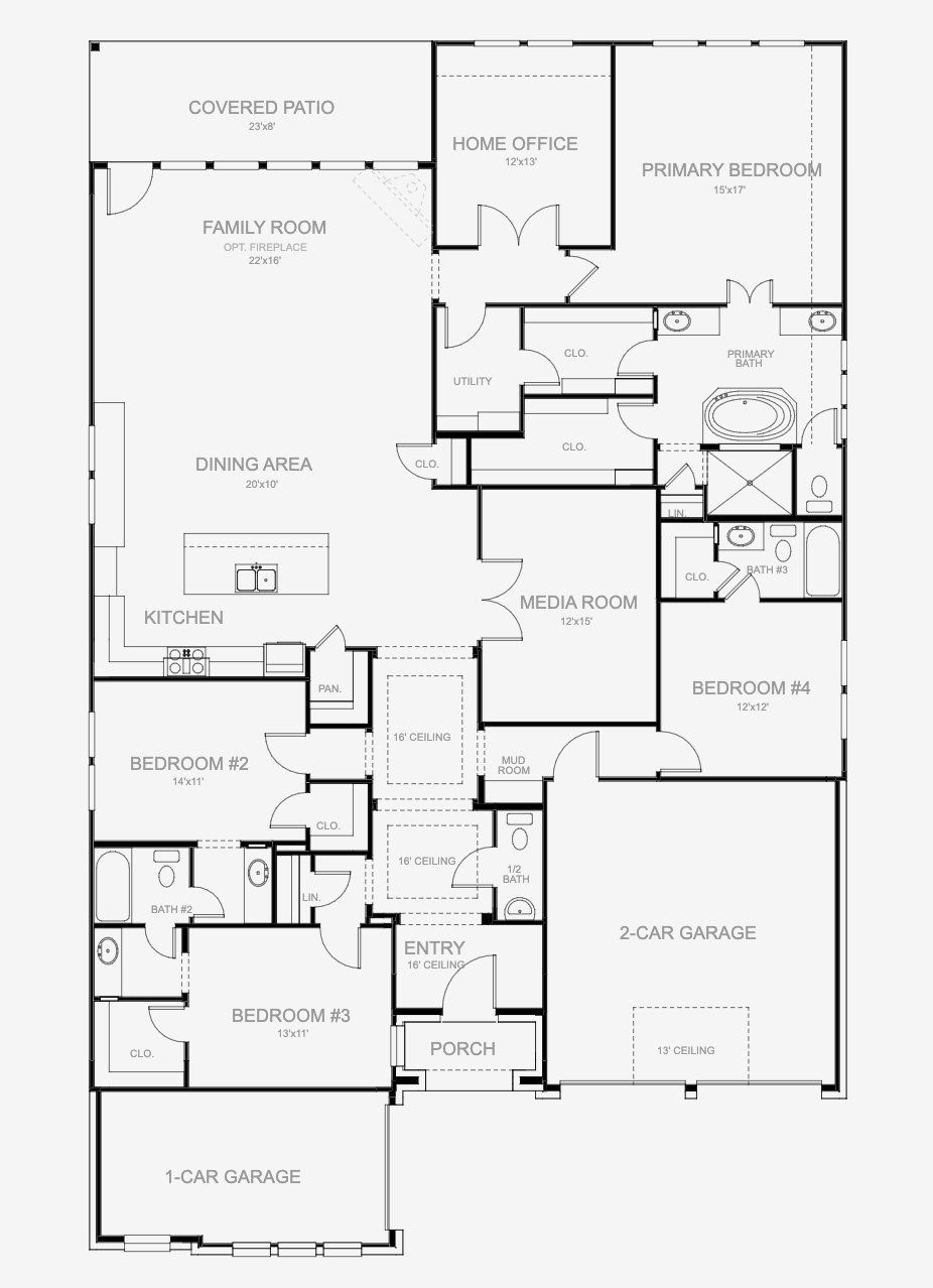 2D floor plan layout for the 2835E by Perry Homes in Esperanza 60', Boerne, TX (Image 1).