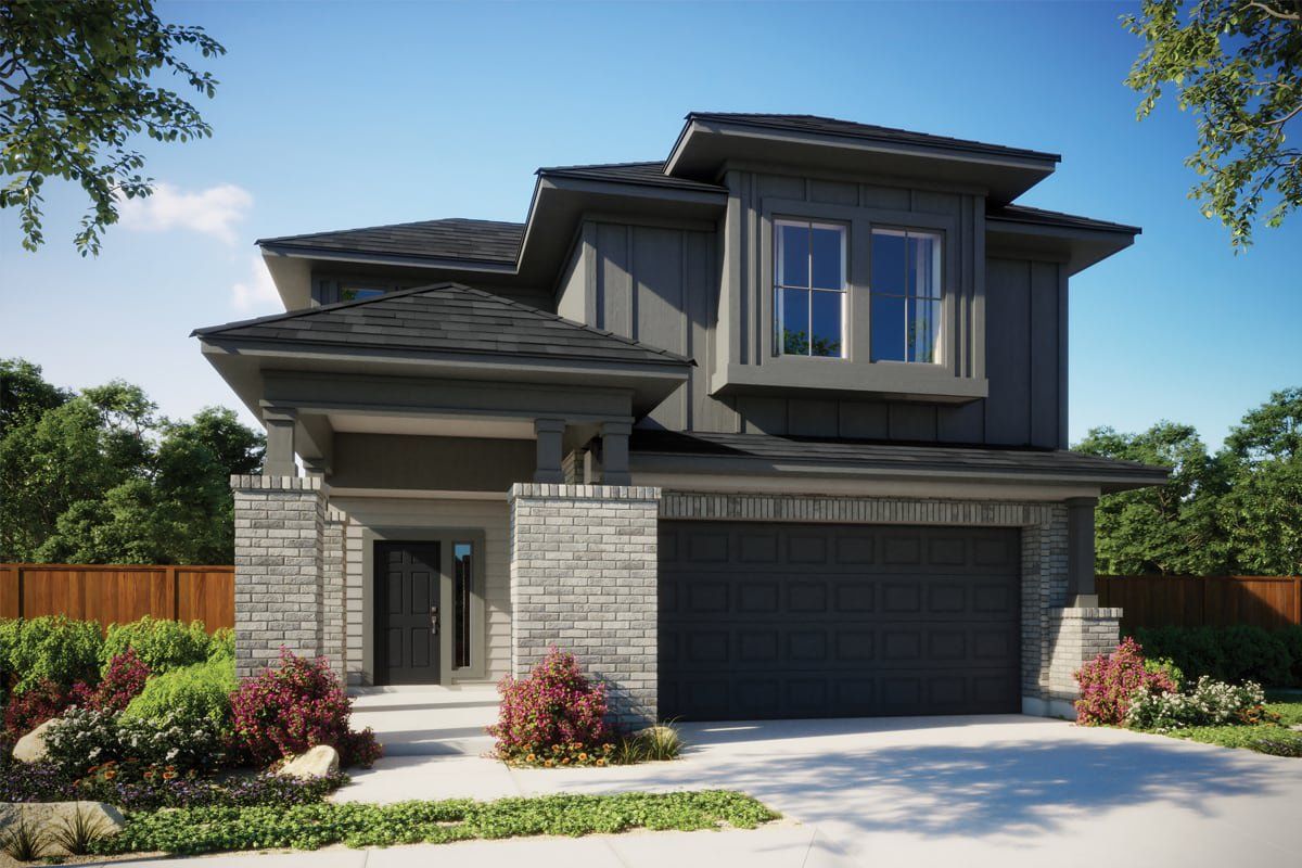 Front exterior of a new home in Porter Country, Buda, TX, highlighting curb appeal (Image 1). Front exterior of a new home in Porter Country, Buda, TX, highlighting curb appeal (Image 1).