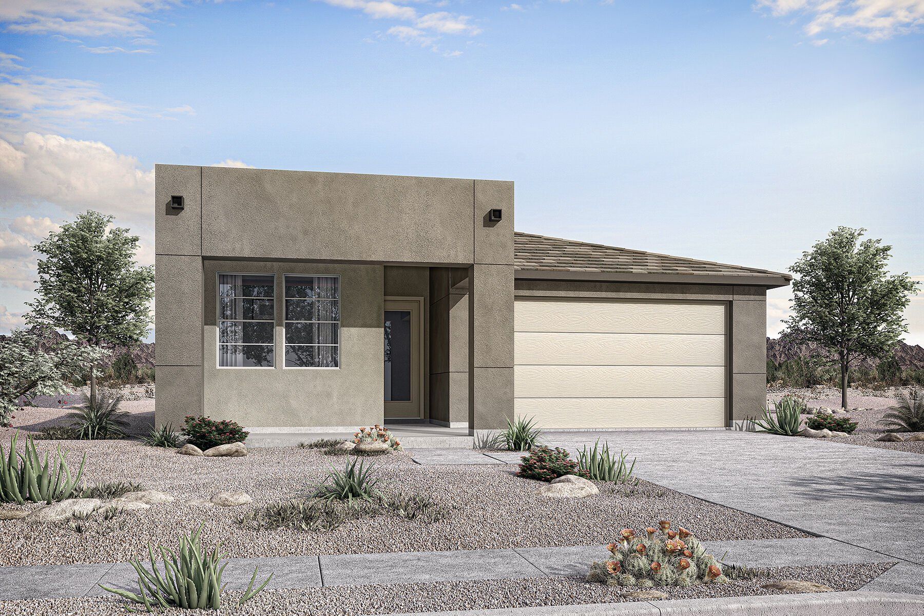 Front exterior of a new home in Empire Pointe, Queen Creek, AZ, highlighting curb appeal (Image 1).