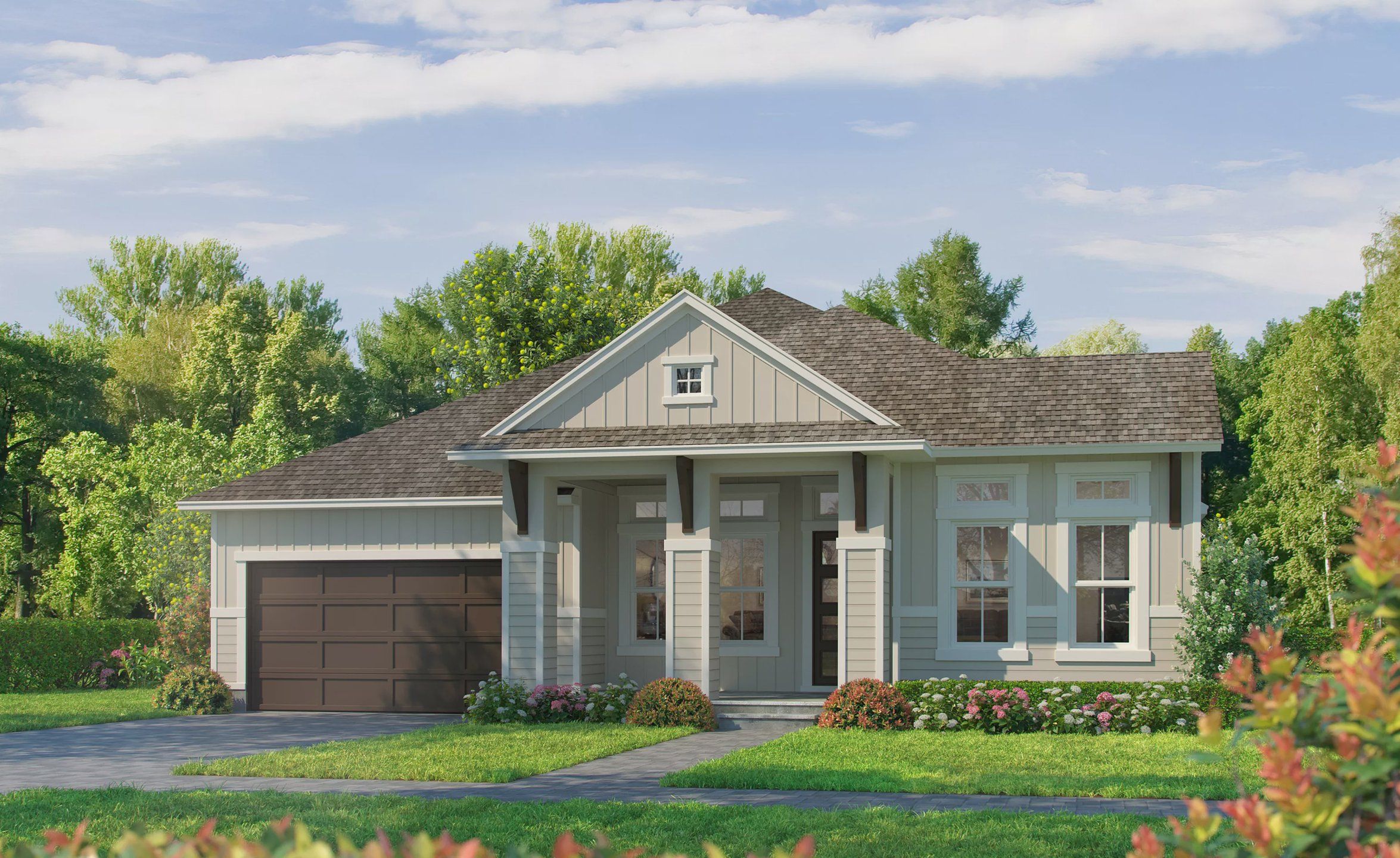 Front exterior of a new home in Seven Pines, Jacksonville, FL, highlighting curb appeal (Image 1). Front exterior of a new home in Seven Pines, Jacksonville, FL, highlighting curb appeal (Image 1).