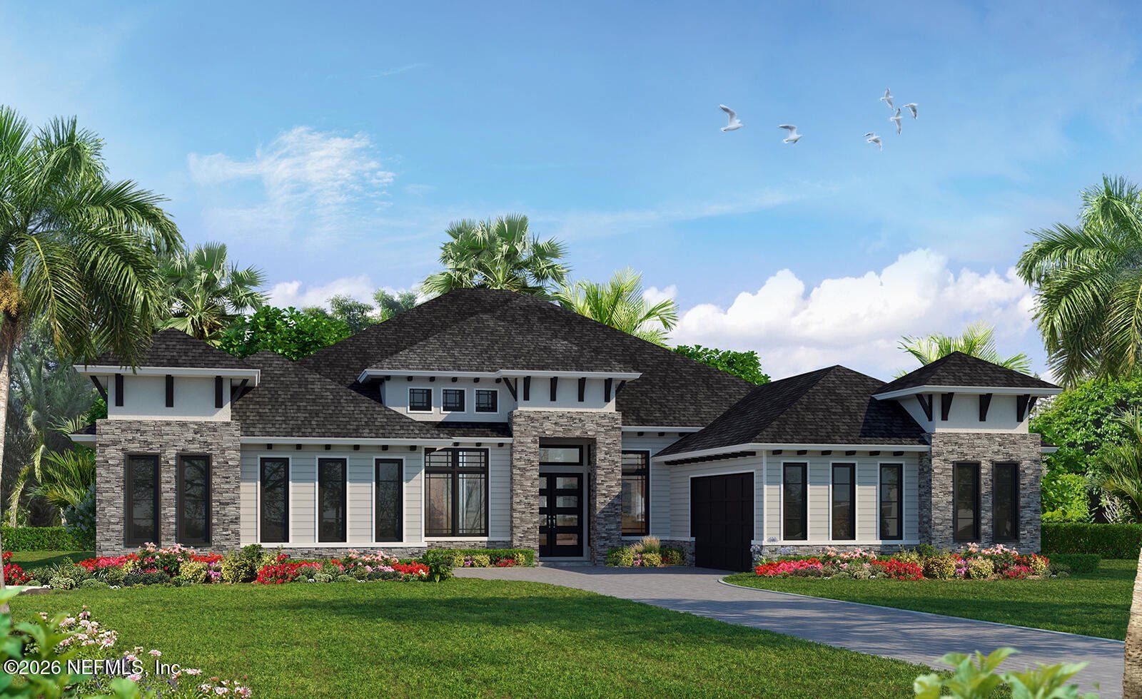Front exterior of a new home in SilverLeaf, St. Augustine, FL, highlighting curb appeal (Image 1). Front exterior of a new home in SilverLeaf, St. Augustine, FL, highlighting curb appeal (Image 1).