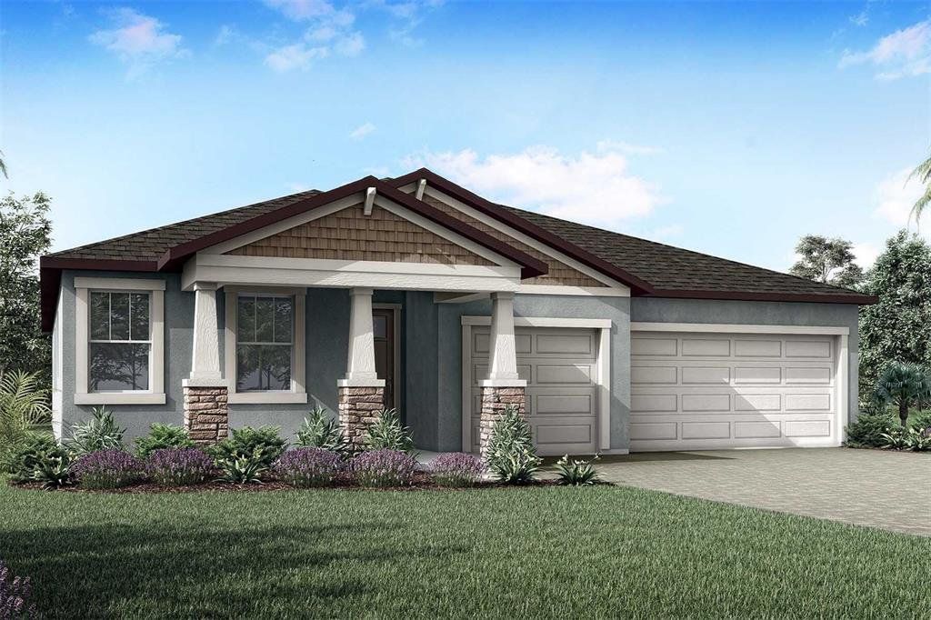 Front exterior of a new home in Crosswind Ranch, Parrish, FL, highlighting curb appeal (Image 1). Front exterior of a new home in Crosswind Ranch, Parrish, FL, highlighting curb appeal (Image 1).