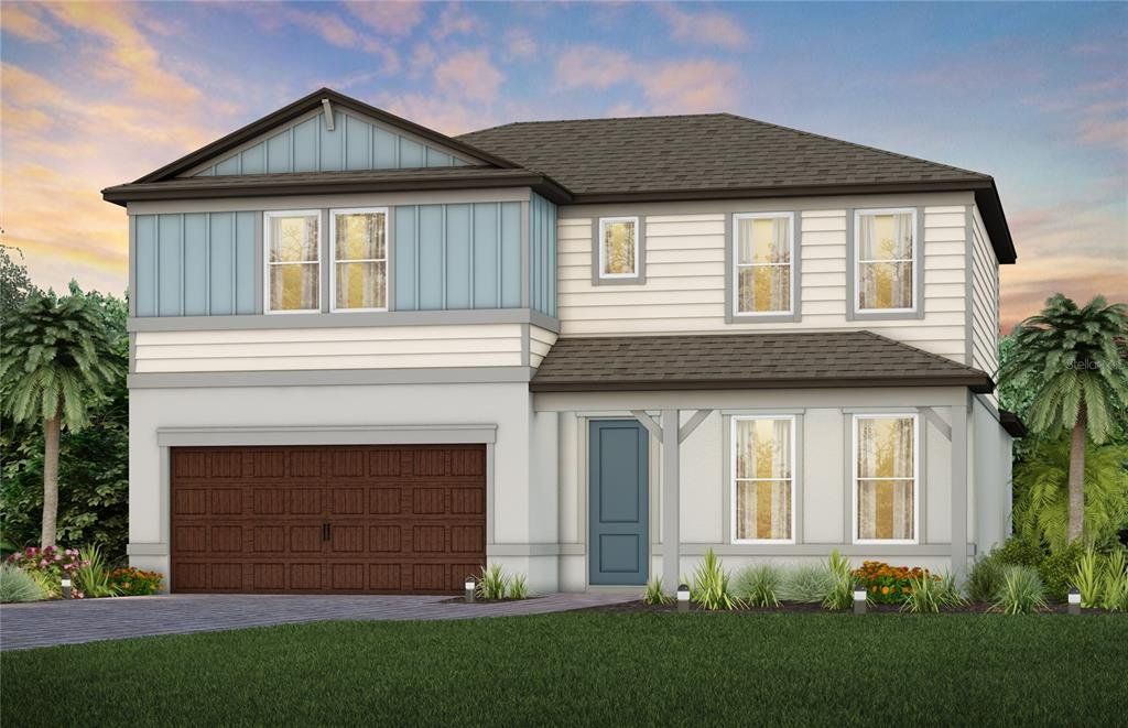 Front exterior of a new home in Vida's Way, Wesley Chapel, FL, highlighting curb appeal (Image 1). Front exterior of a new home in Vida's Way, Wesley Chapel, FL, highlighting curb appeal (Image 1).