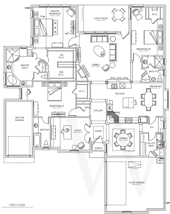 2D floor plan layout for the Jefferson by Windmiller Custom Homes in Canyon Falls, Northlake, TX (Image 1). 2D floor plan layout for the Jefferson by Windmiller Custom Homes in Canyon Falls, Northlake, TX (Image 1).