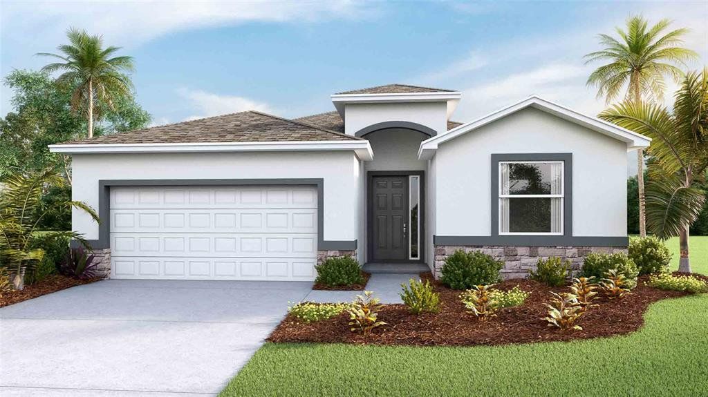 Front exterior of a new home in Deerbrook, Land O' Lakes, FL, highlighting curb appeal (Image 1). Front exterior of a new home in Deerbrook, Land O' Lakes, FL, highlighting curb appeal (Image 1).