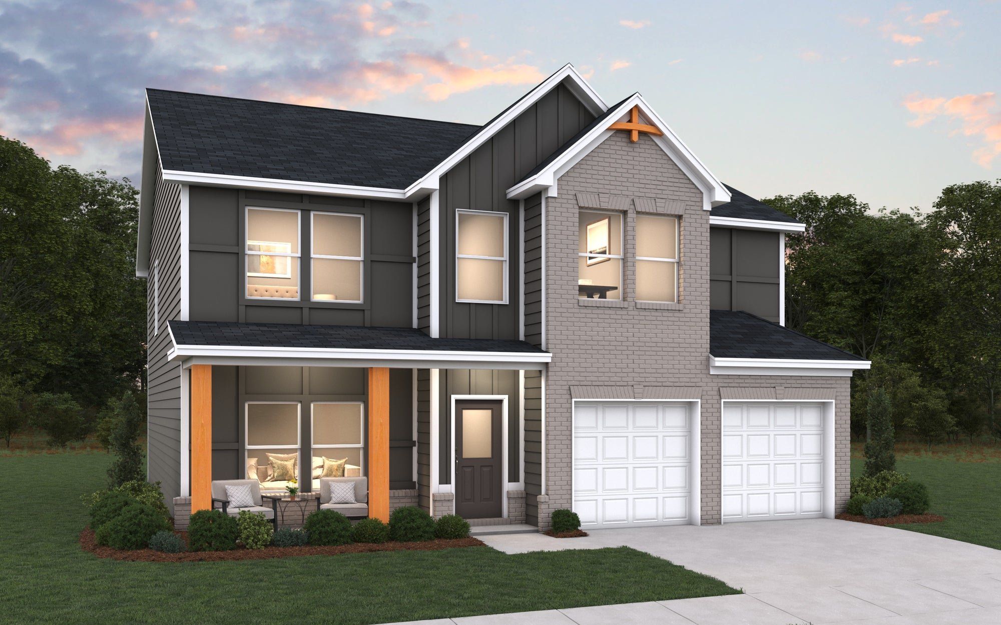 Front exterior of a new home in The Woodlands Preserve, Jackson, GA, highlighting curb appeal (Image 1). Front exterior of a new home in The Woodlands Preserve, Jackson, GA, highlighting curb appeal (Image 1).
