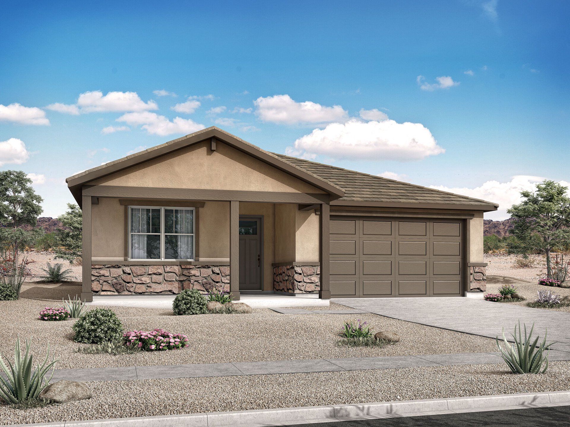 Front exterior of a new home in Pinnacle at San Tan Heights, San Tan Valley, AZ, highlighting curb appeal (Image 1).