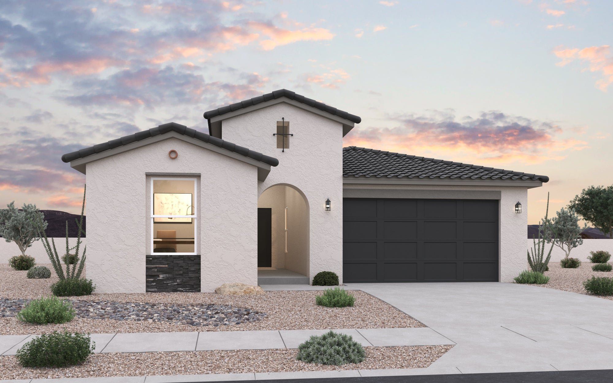 Front exterior of a new home in Apache Farms, Buckeye, AZ, highlighting curb appeal (Image 1). Front exterior of a new home in Apache Farms, Buckeye, AZ, highlighting curb appeal (Image 1).