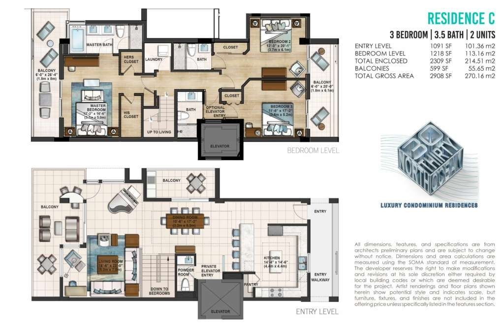 2D floor plan layout for the Residence C by Cavache Properties in 30 Thirty North Ocean, Fort Lauderdale, FL (Image 1).