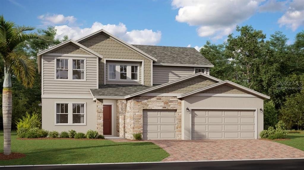 Front exterior of a new home in Wellness Ridge: Chateau Collection, Clermont, FL, highlighting curb appeal (Image 1).