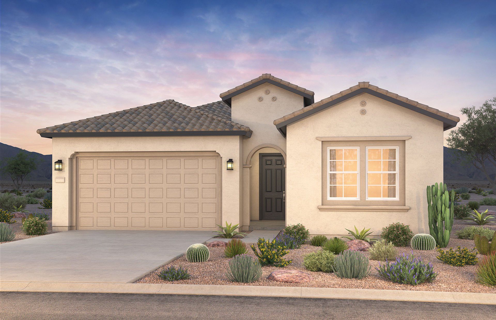 Front exterior of a new home in Legado West, Queen Creek, AZ, highlighting curb appeal (Image 1). Front exterior of a new home in Legado West, Queen Creek, AZ, highlighting curb appeal (Image 1).