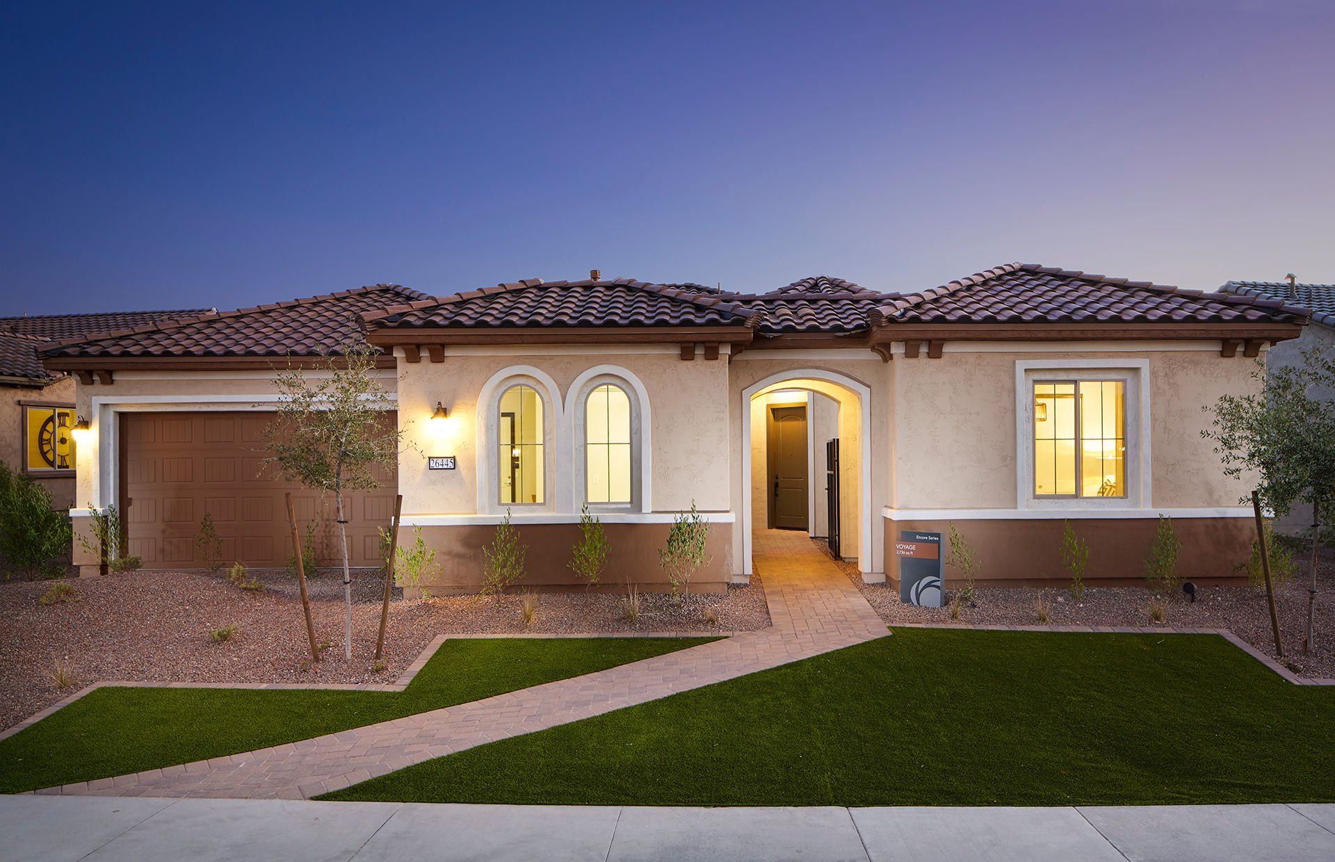 Front exterior of a new home in Sun City Festival, Buckeye, AZ, highlighting curb appeal (Image 1). Front exterior of a new home in Sun City Festival, Buckeye, AZ, highlighting curb appeal (Image 1).