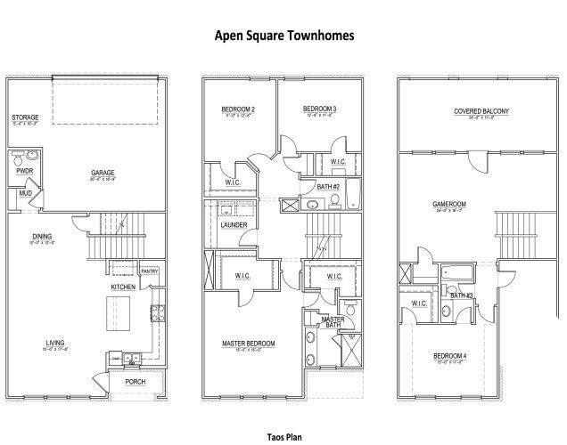 2D floor plan layout for the Taos by Aspen Square Homes in Aspen Square Townhomes, Irving, TX (Image 1). 2D floor plan layout for the Taos by Aspen Square Homes in Aspen Square Townhomes, Irving, TX (Image 1).