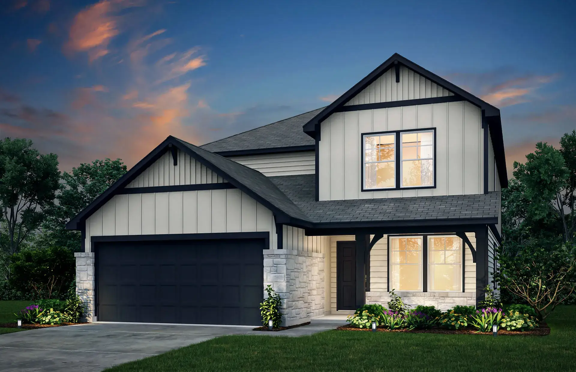 Front exterior of a new home in Lily Springs, Seguin, TX, highlighting curb appeal (Image 1). Front exterior of a new home in Lily Springs, Seguin, TX, highlighting curb appeal (Image 1).