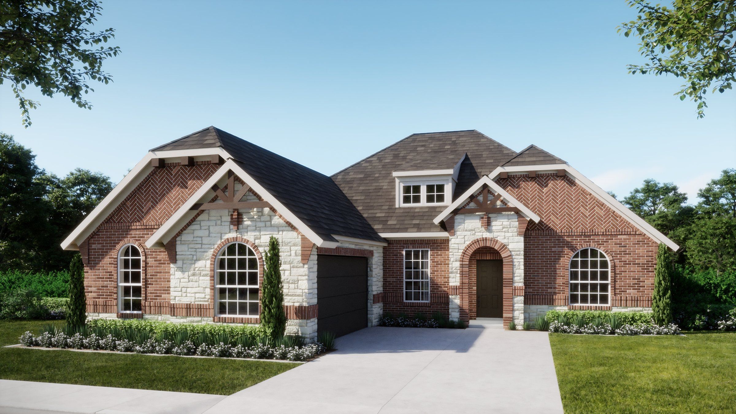 Front exterior of a new home in Abe's Landing, Granbury, TX, highlighting curb appeal (Image 1). Front exterior of a new home in Abe's Landing, Granbury, TX, highlighting curb appeal (Image 1).