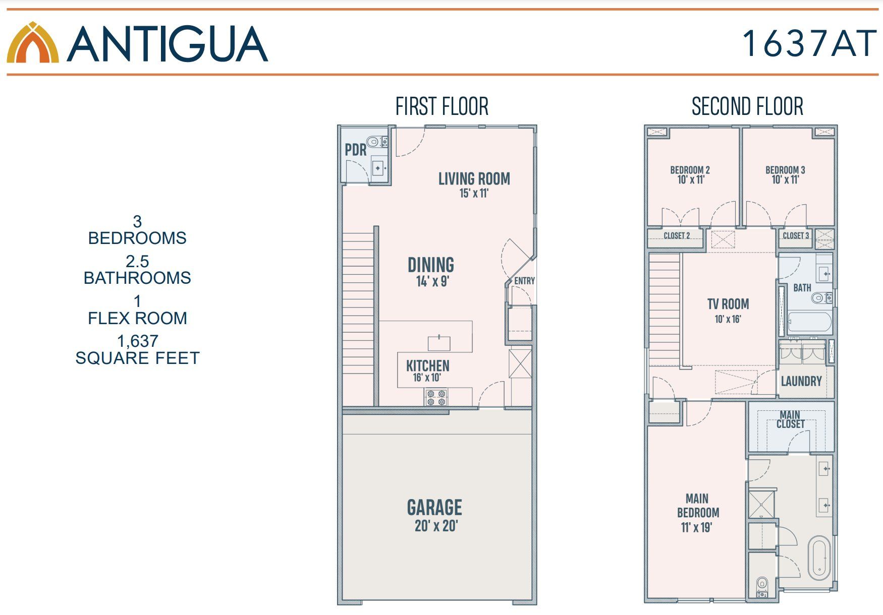 2D floor plan layout for the 1637AT by Contempo Builder in Antigua, Houston, TX (Image 1).