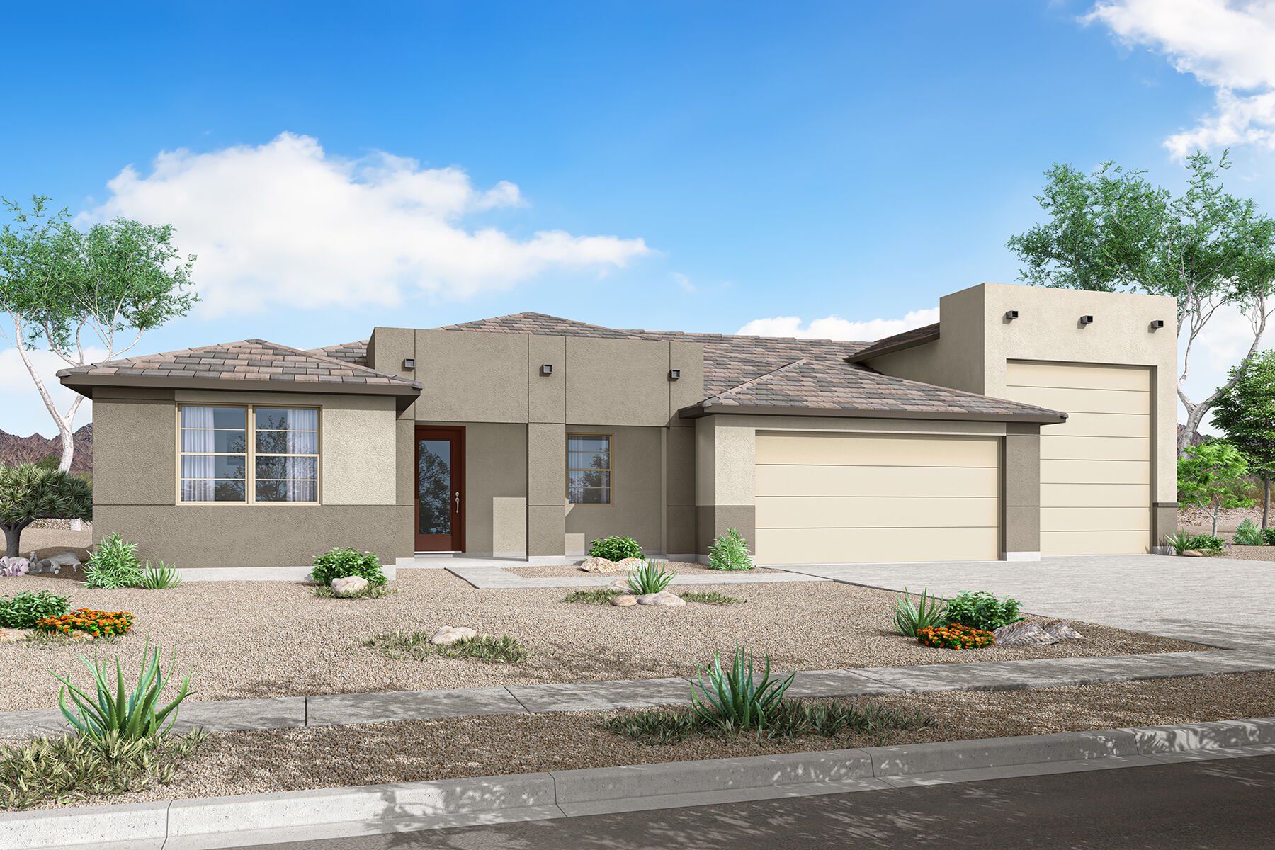 Front exterior of a new home in Las Ventanas - RV Collection, Goodyear, AZ, highlighting curb appeal (Image 1). Front exterior of a new home in Las Ventanas - RV Collection, Goodyear, AZ, highlighting curb appeal (Image 1).