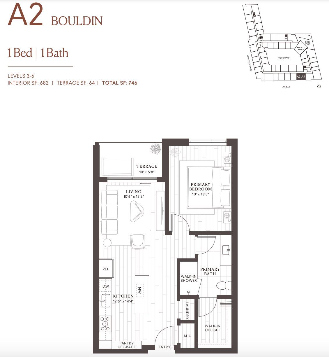 2D floor plan layout for the A2 Bouldin by Intracorp in Leland South Congress, Austin, TX (Image 1).