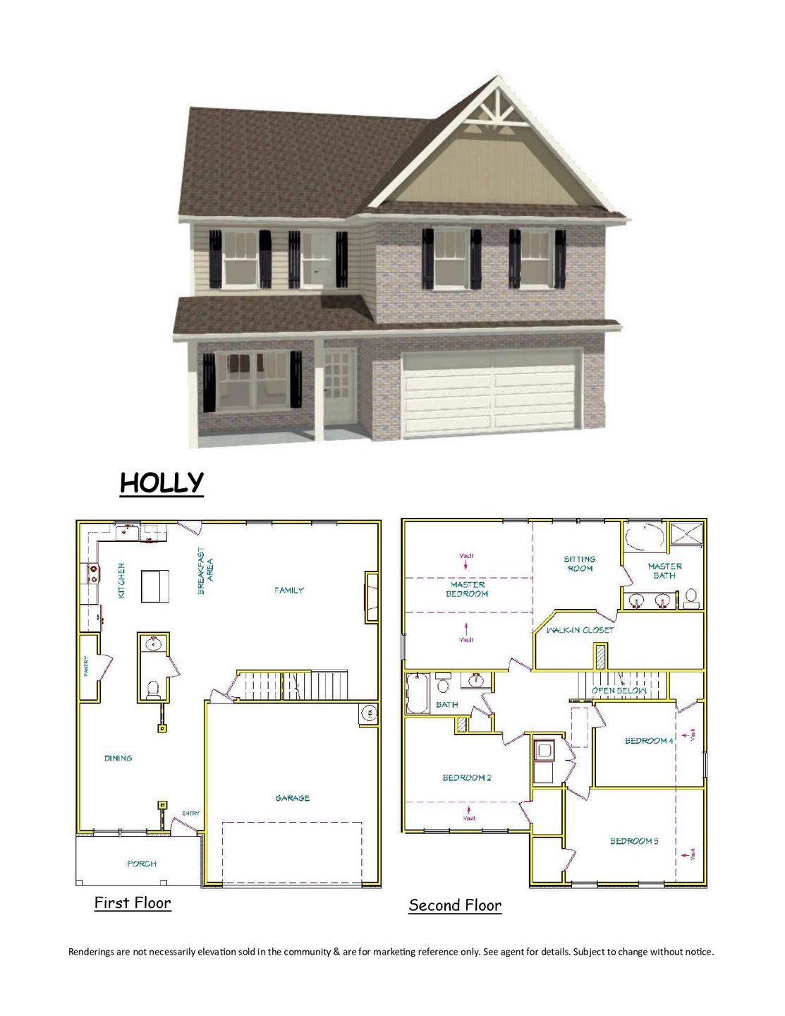 2D floor plan layout for the Holly by Capshaw in Peeksville Landing, Locust Grove, GA (Image 1).