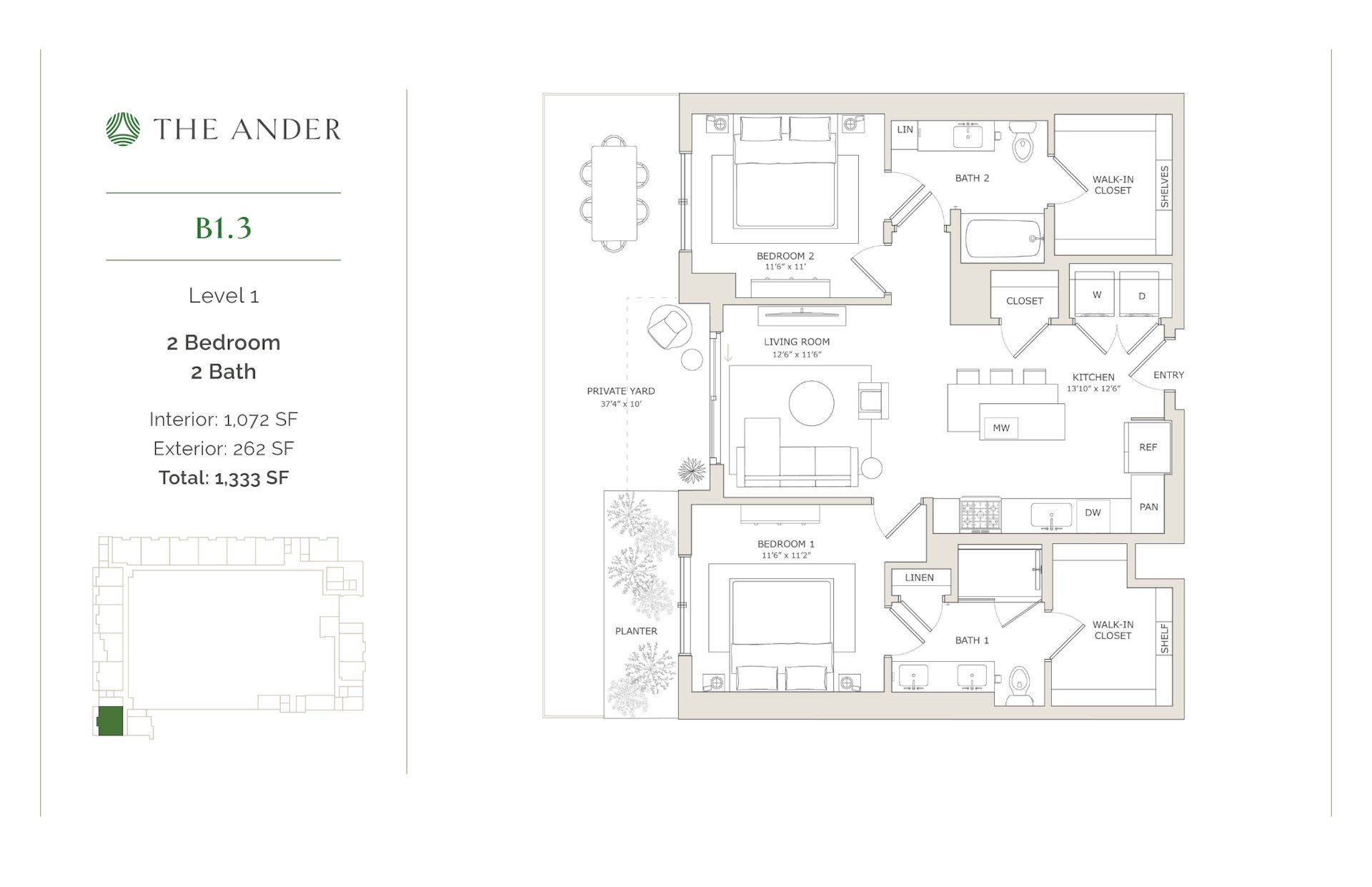 2D floor plan layout for the B1.3 by Ledgestone Development Group in The Ander, Austin, TX (Image 1).