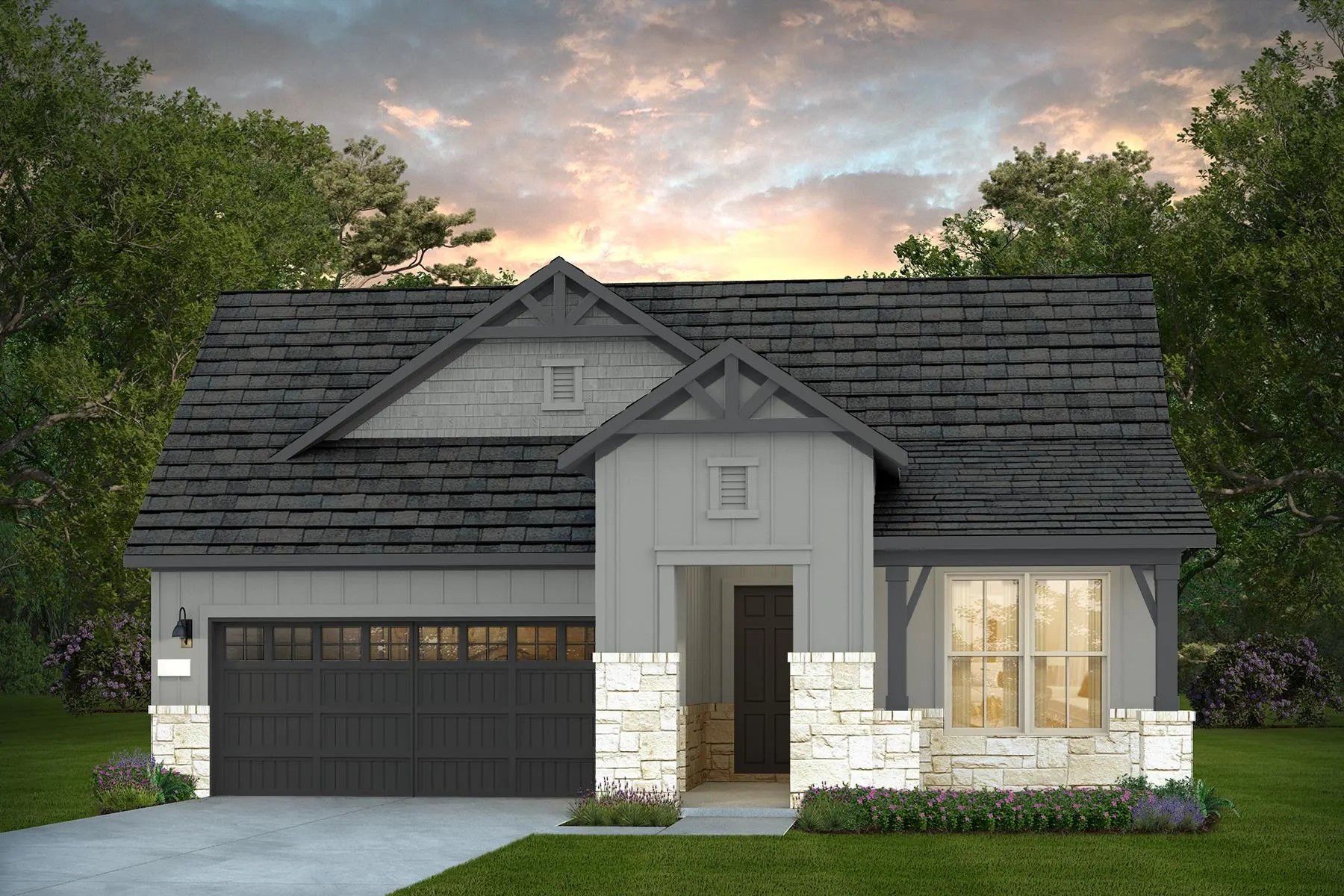 Front exterior of a new home in Del Webb New Braunfels at Veramendi, New Braunfels, TX, highlighting curb appeal (Image 1). Front exterior of a new home in Del Webb New Braunfels at Veramendi, New Braunfels, TX, highlighting curb appeal (Image 1).
