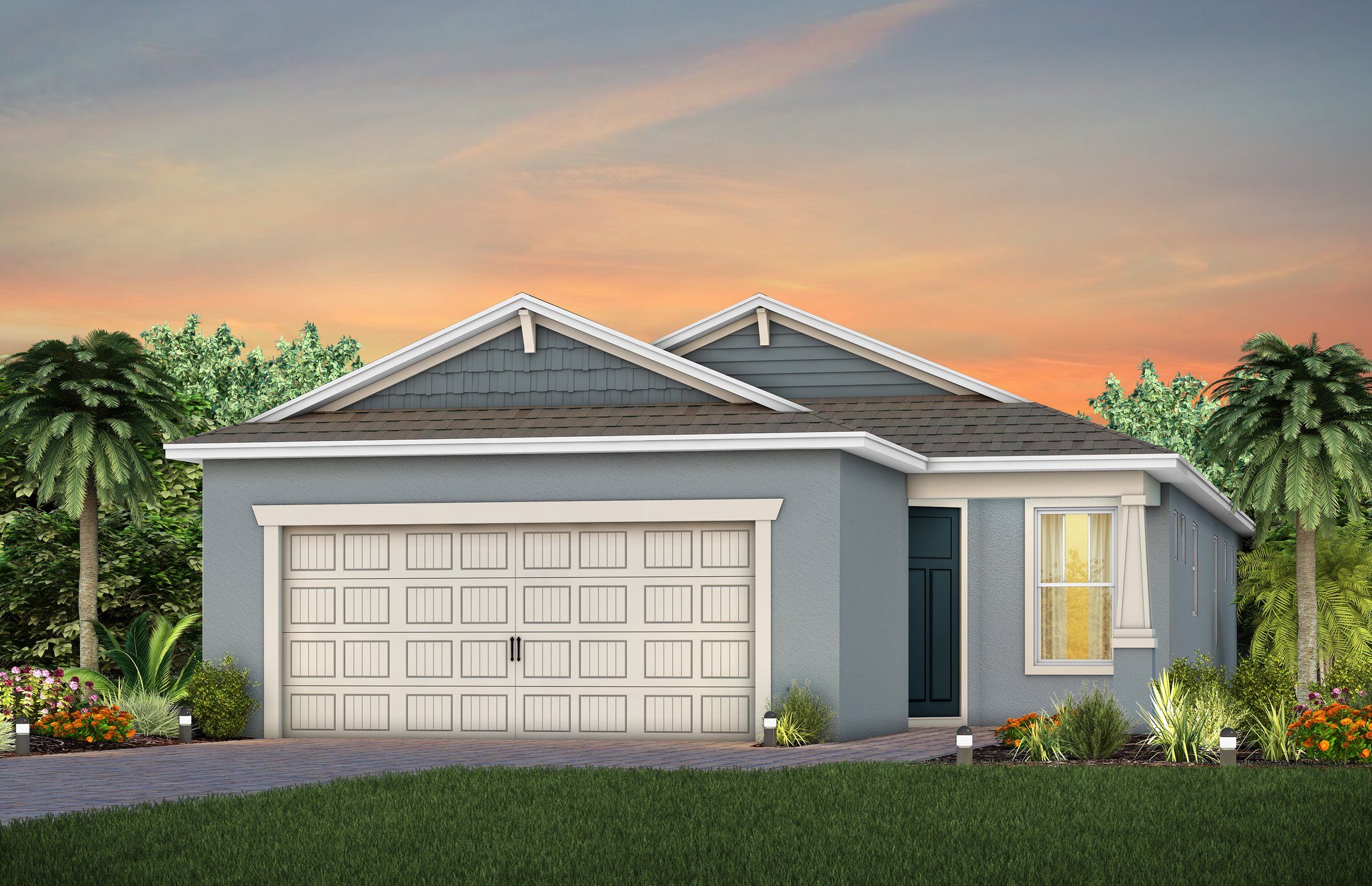 Front exterior of a new home in Del Webb Sunbridge, St. Cloud, FL, highlighting curb appeal (Image 1). Front exterior of a new home in Del Webb Sunbridge, St. Cloud, FL, highlighting curb appeal (Image 1).