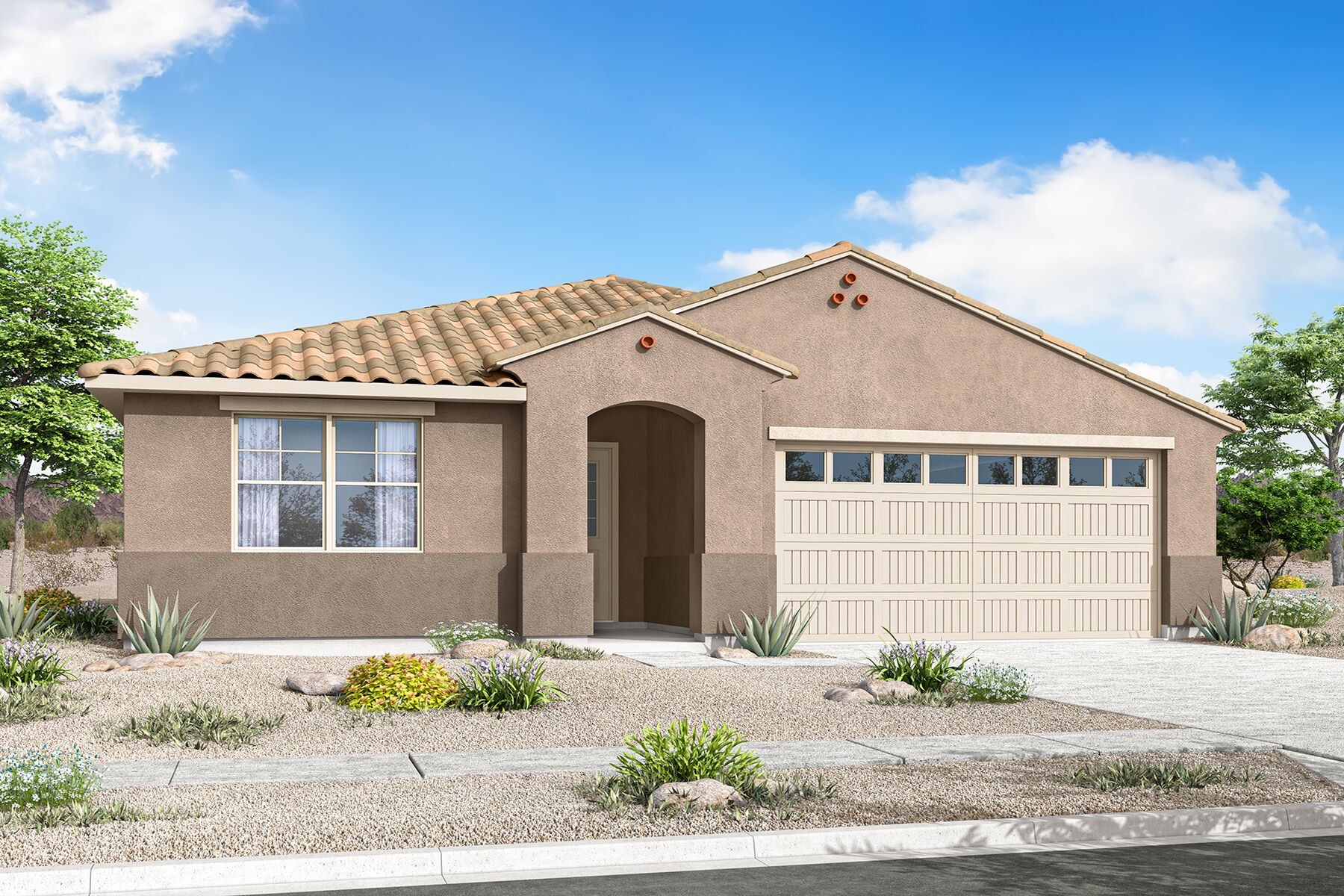 Front exterior of a new home in Tyler Ranch, Buckeye, AZ, highlighting curb appeal (Image 1). Front exterior of a new home in Tyler Ranch, Buckeye, AZ, highlighting curb appeal (Image 1).