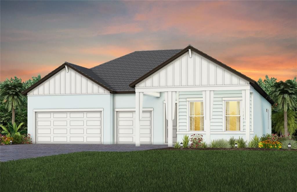 Front exterior of a new home in Two Rivers, Zephyrhills, FL, highlighting curb appeal (Image 1). Front exterior of a new home in Two Rivers, Zephyrhills, FL, highlighting curb appeal (Image 1).