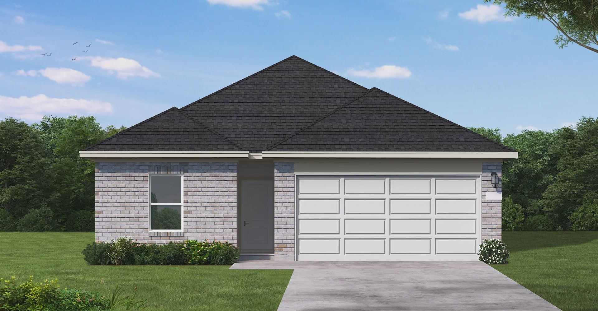 Front exterior of a new home in Riverbend at Double Eagle, Cedar Creek, TX, highlighting curb appeal (Image 1). Front exterior of a new home in Riverbend at Double Eagle, Cedar Creek, TX, highlighting curb appeal (Image 1).