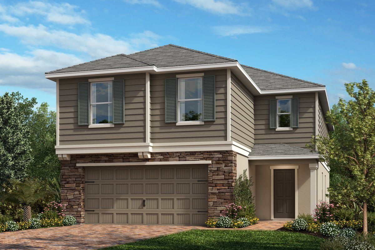 Front exterior of a new home in Gardens at Waterstone I, Palm Bay, FL, highlighting curb appeal (Image 1). Front exterior of a new home in Gardens at Waterstone I, Palm Bay, FL, highlighting curb appeal (Image 1).