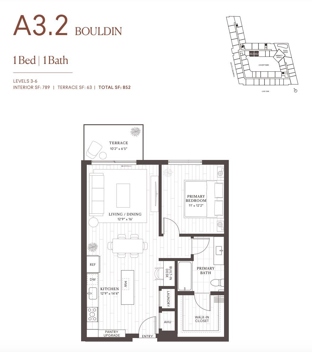 2D floor plan layout for the A3.2 Bouldin by Intracorp in Leland South Congress, Austin, TX (Image 1). 2D floor plan layout for the A3.2 Bouldin by Intracorp in Leland South Congress, Austin, TX (Image 1).