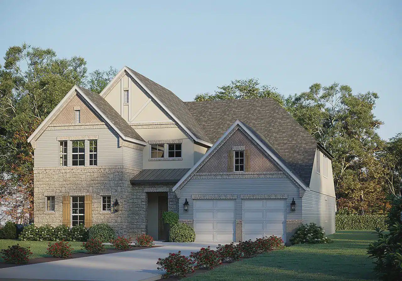 Front exterior of a new home in Bluffview Reserve, Leander, TX, highlighting curb appeal (Image 1). Front exterior of a new home in Bluffview Reserve, Leander, TX, highlighting curb appeal (Image 1).