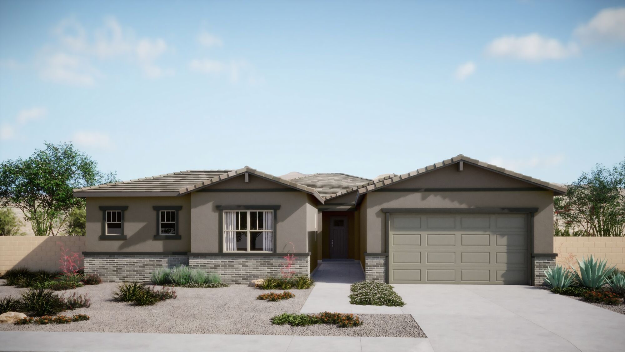 Front exterior of a new home in Mountain View Ranch, Vail, AZ, highlighting curb appeal (Image 1).