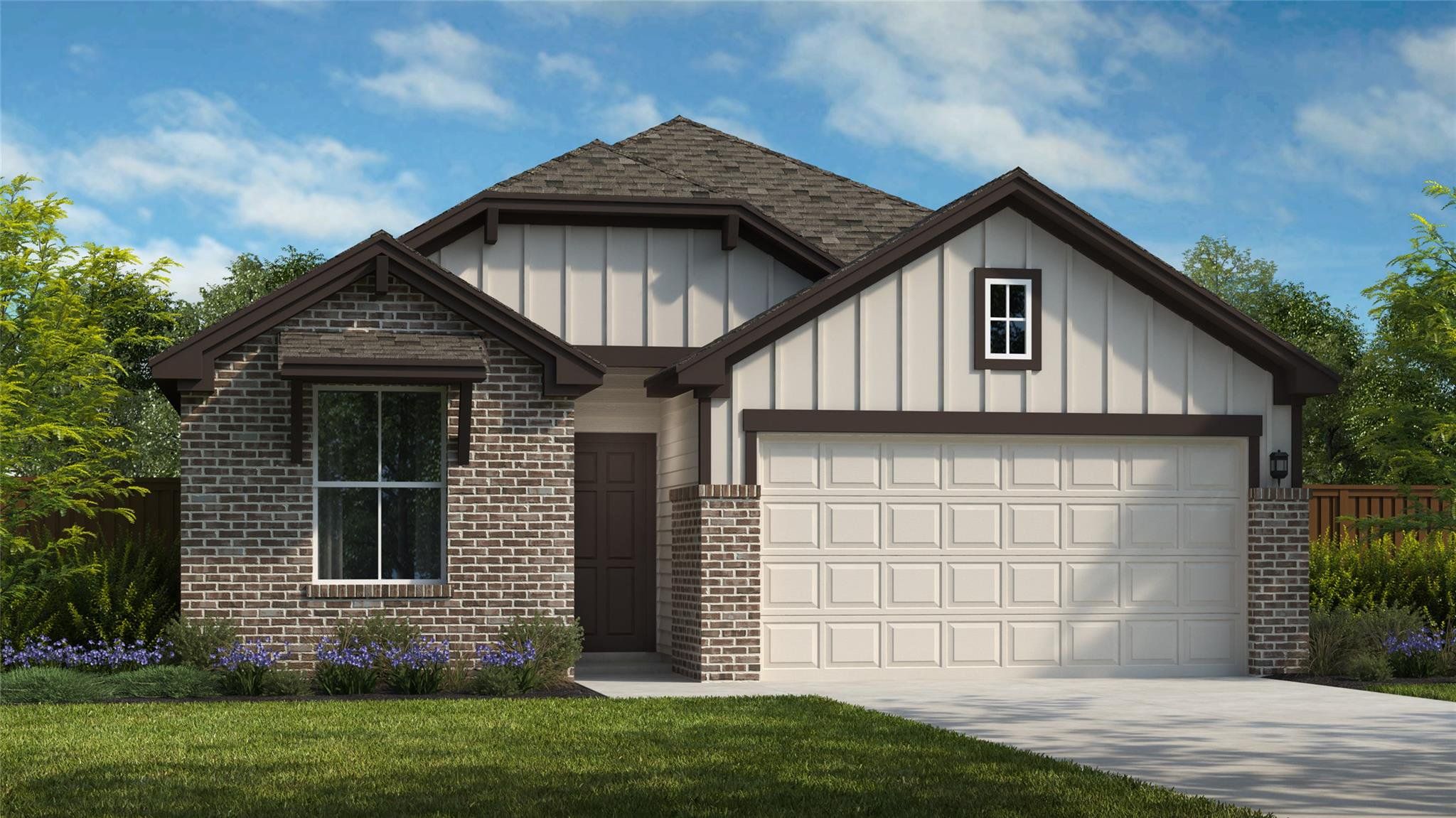 Front exterior of a new home in Santa Rita Ranch, Liberty Hill, TX, highlighting curb appeal (Image 1). Front exterior of a new home in Santa Rita Ranch, Liberty Hill, TX, highlighting curb appeal (Image 1).