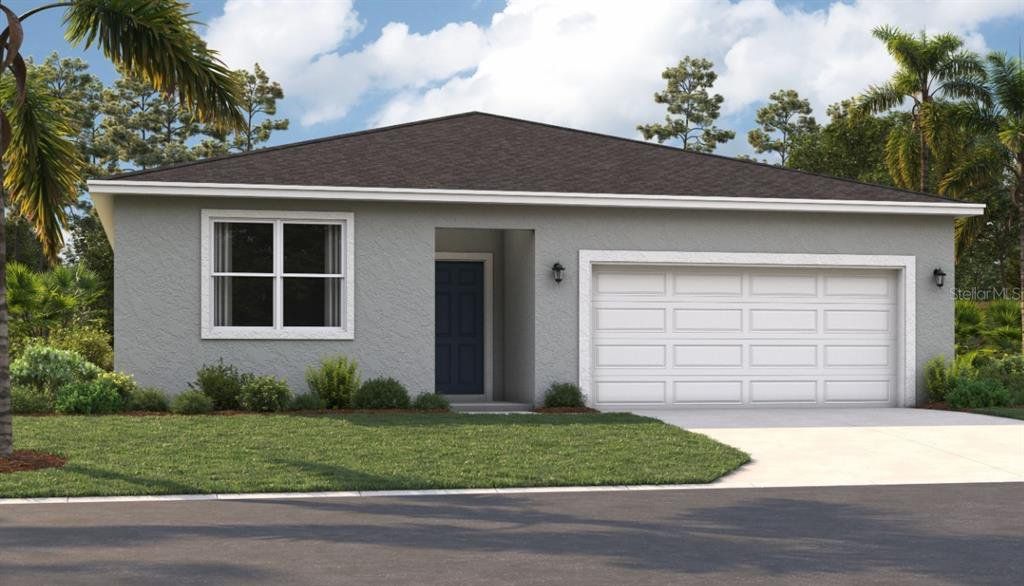 Front exterior of a new home in Covered Bridge at Liberty Bluff, Haines City, FL, highlighting curb appeal (Image 1). Front exterior of a new home in Covered Bridge at Liberty Bluff, Haines City, FL, highlighting curb appeal (Image 1).