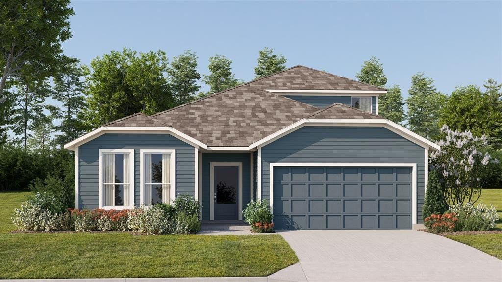 Front exterior of a new home in Groves at Grenelefe, Haines City, FL, highlighting curb appeal (Image 1). Front exterior of a new home in Groves at Grenelefe, Haines City, FL, highlighting curb appeal (Image 1).