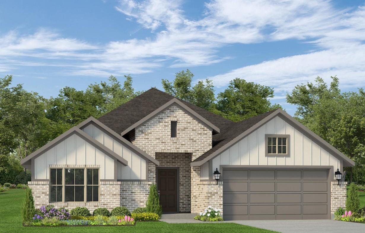 Front exterior of a new home in Sundance Cove - Paintbrush Collection, Crosby, TX, highlighting curb appeal (Image 1). Front exterior of a new home in Sundance Cove - Paintbrush Collection, Crosby, TX, highlighting curb appeal (Image 1).