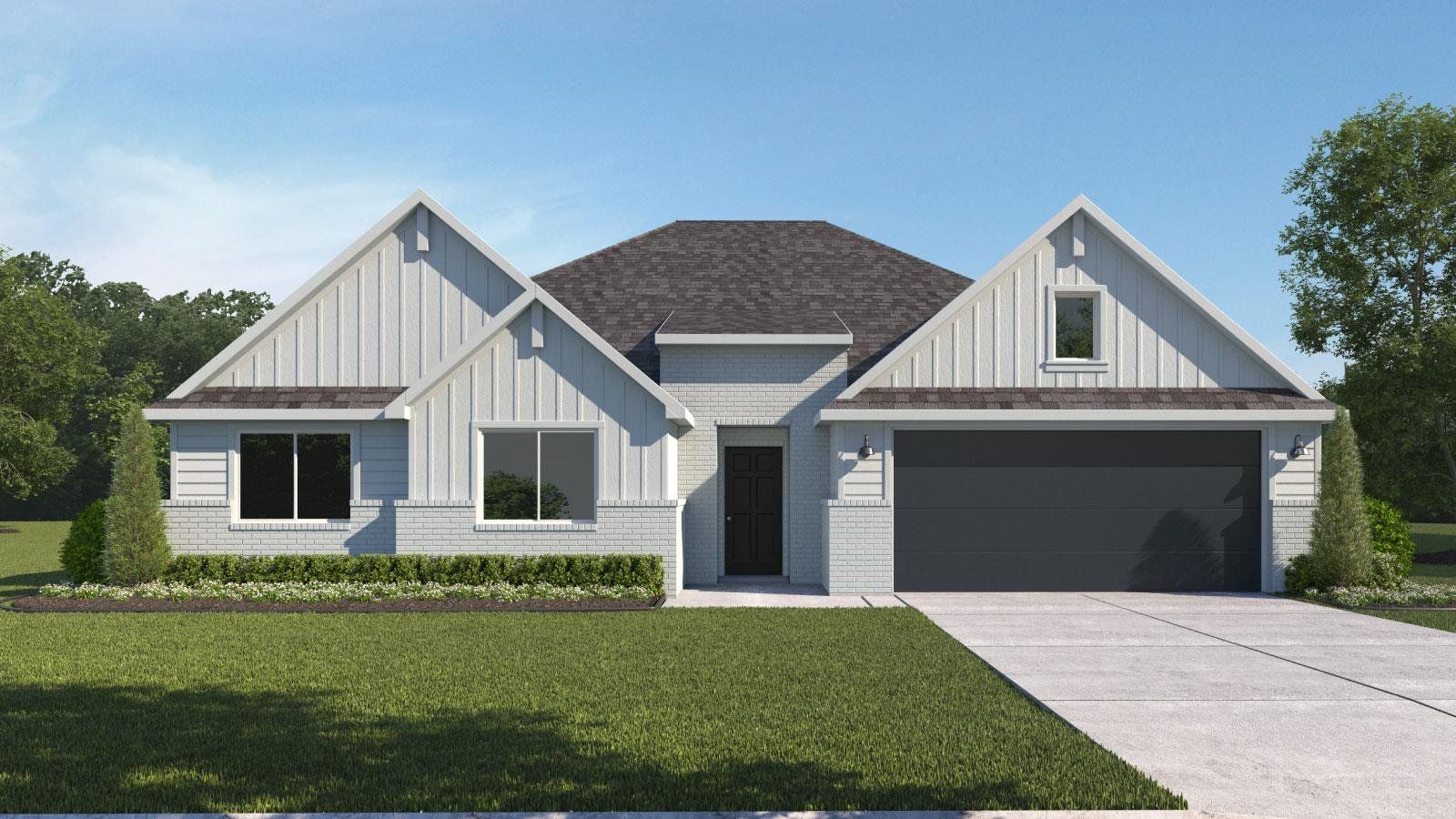 Front exterior of a new home in Revelry, Del Valle, TX, highlighting curb appeal (Image 1). Front exterior of a new home in Revelry, Del Valle, TX, highlighting curb appeal (Image 1).