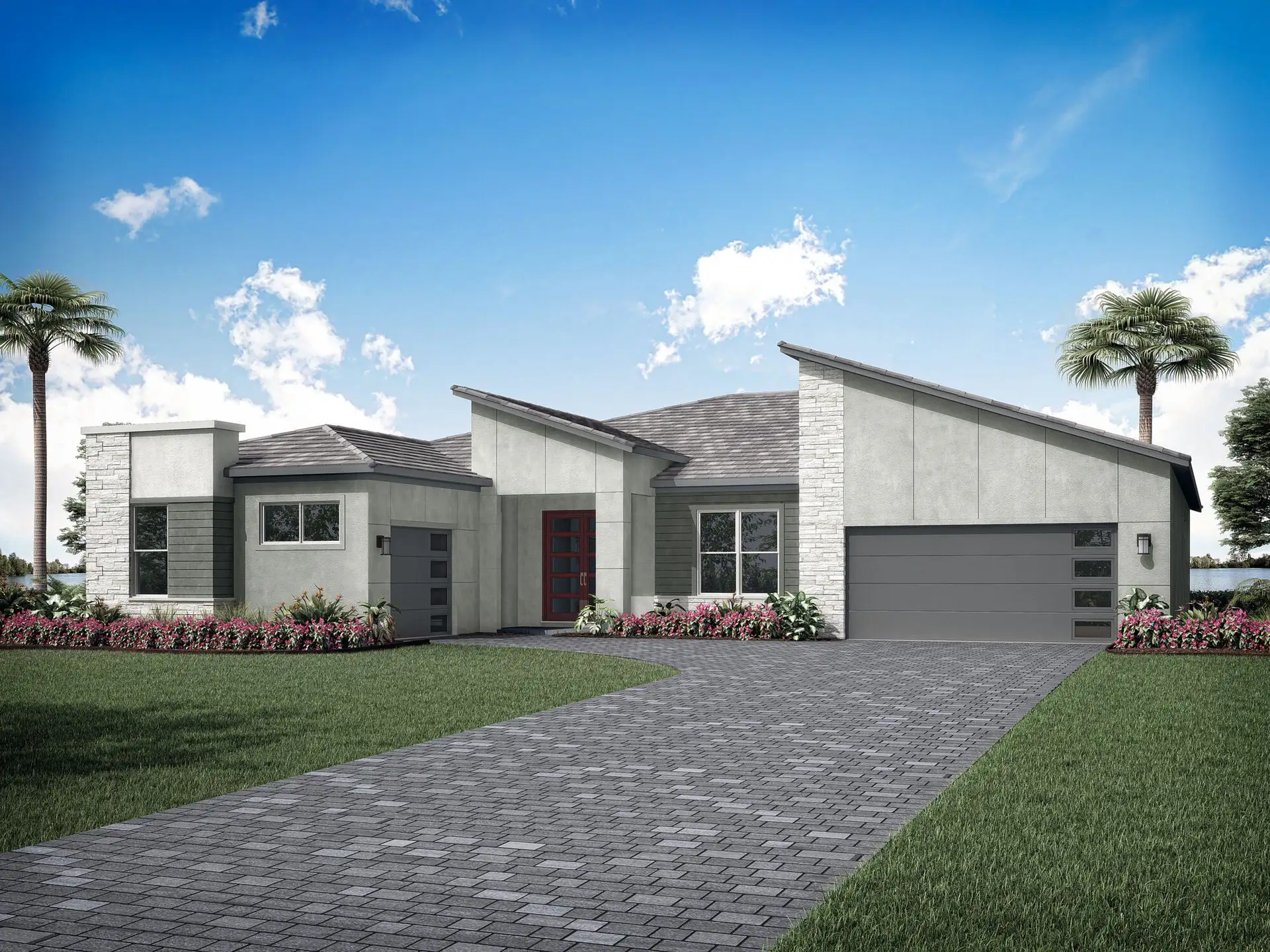 Front exterior of a new home in Tradition - Seville, Port St. Lucie, FL, highlighting curb appeal (Image 1).